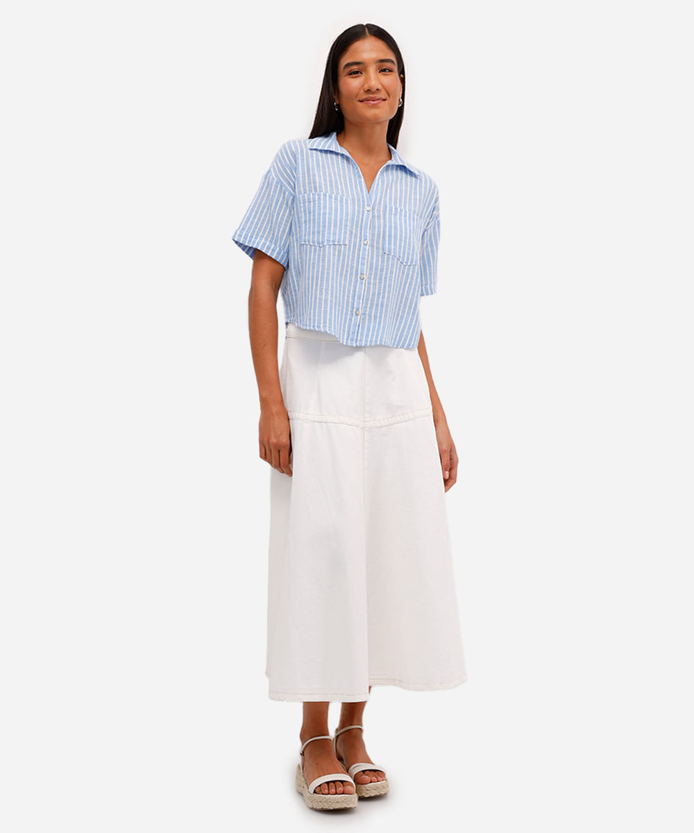 camisa feminina de algodão manga curta com bolsos listrada azul