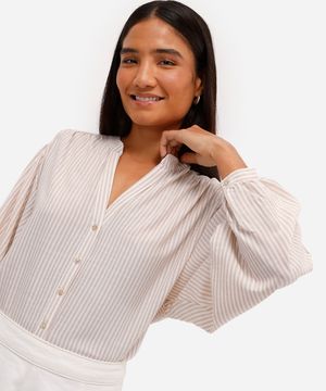 camisa feminina de algodão manga bufante listrada off white