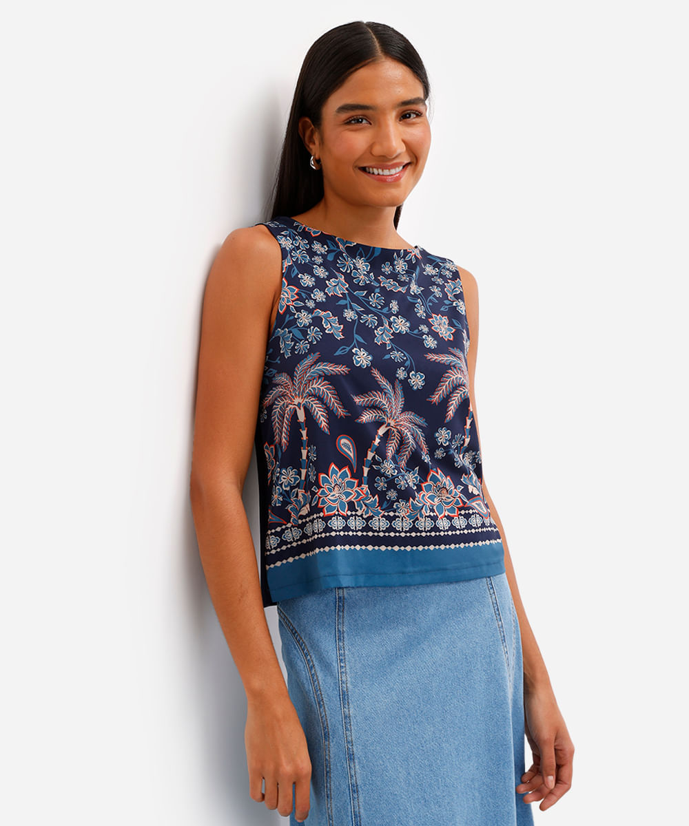 regata feminina de viscose floral azul
