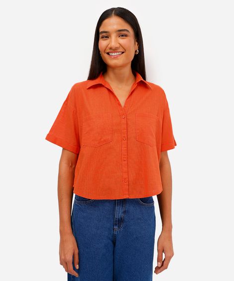 camisa feminina de algodão manga curta com bolsos laranja