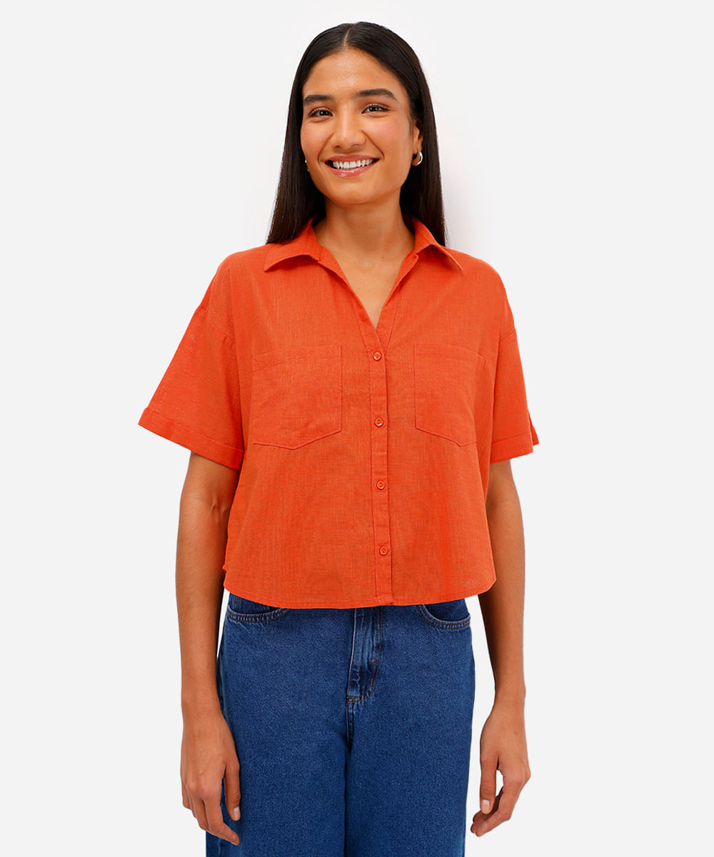 camisa feminina de algodão manga curta com bolsos laranja