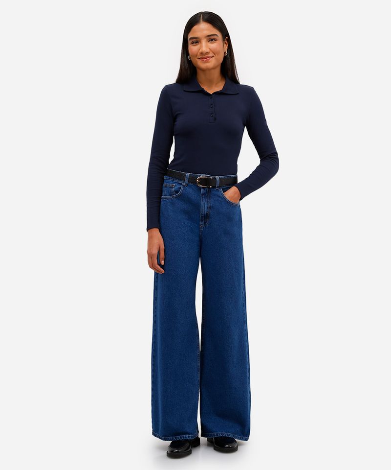 calça wide leg feminina jeans cintura alta azul