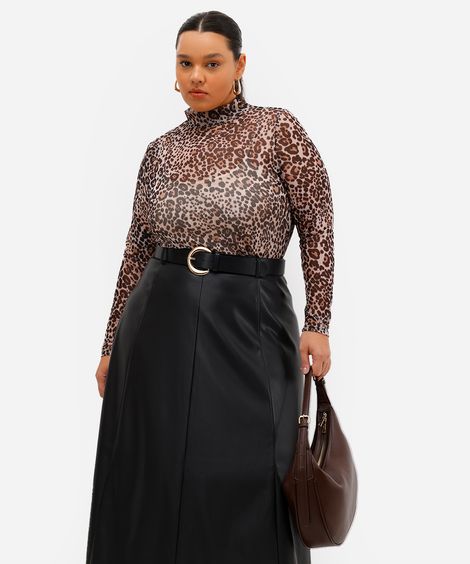 blusa feminina de tule gola alta animal print plus size preta