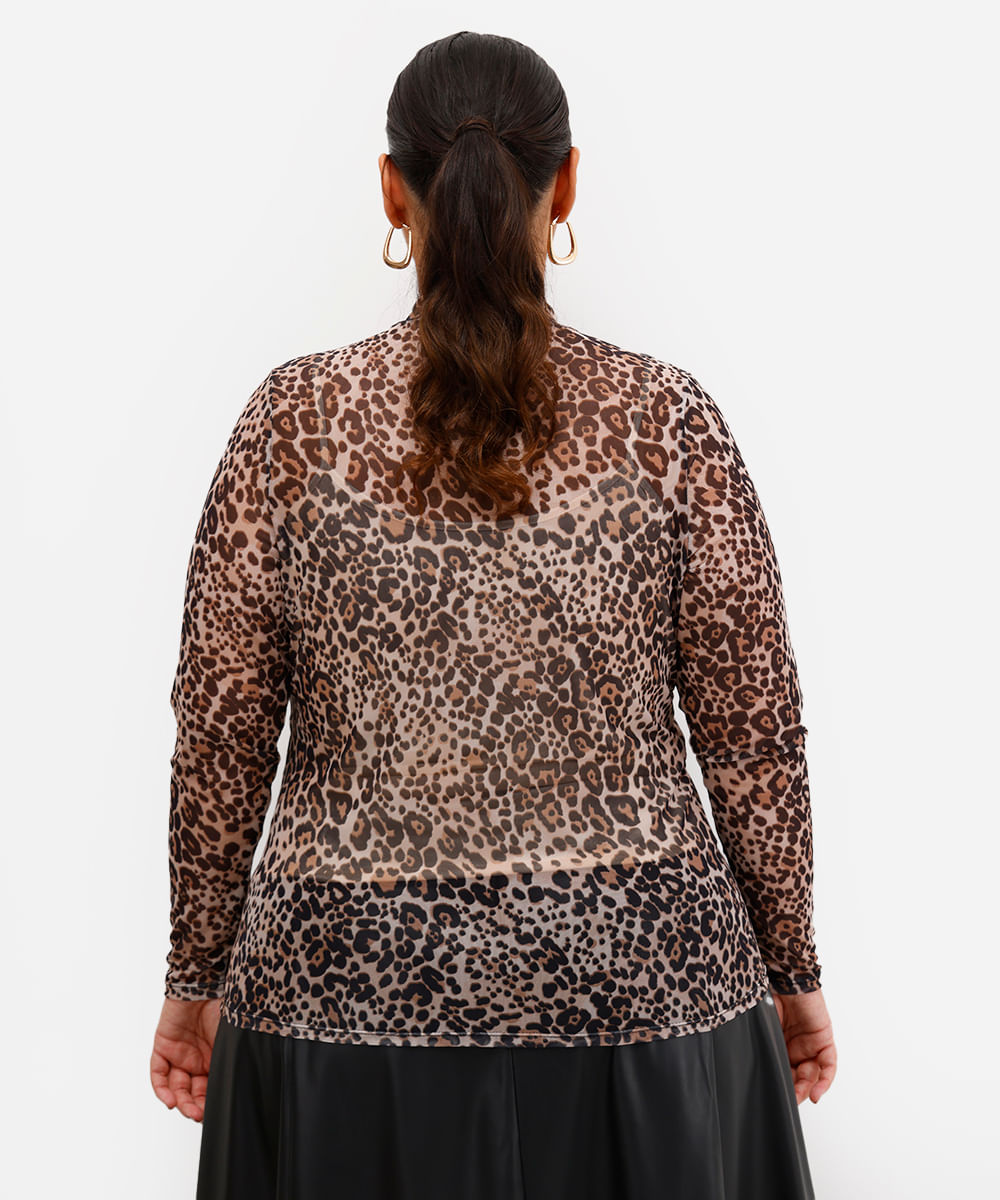 blusa feminina de tule gola alta animal print plus size preta
