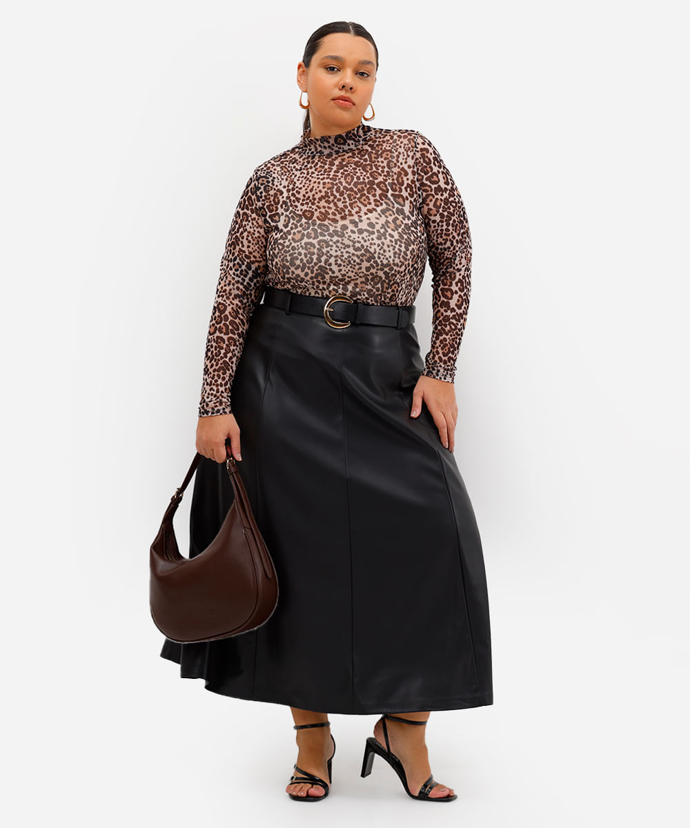 blusa feminina de tule gola alta animal print plus size preta