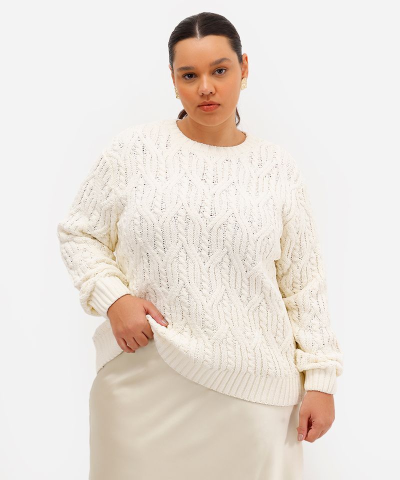 suéter feminino de tricot texturizado plus size off white