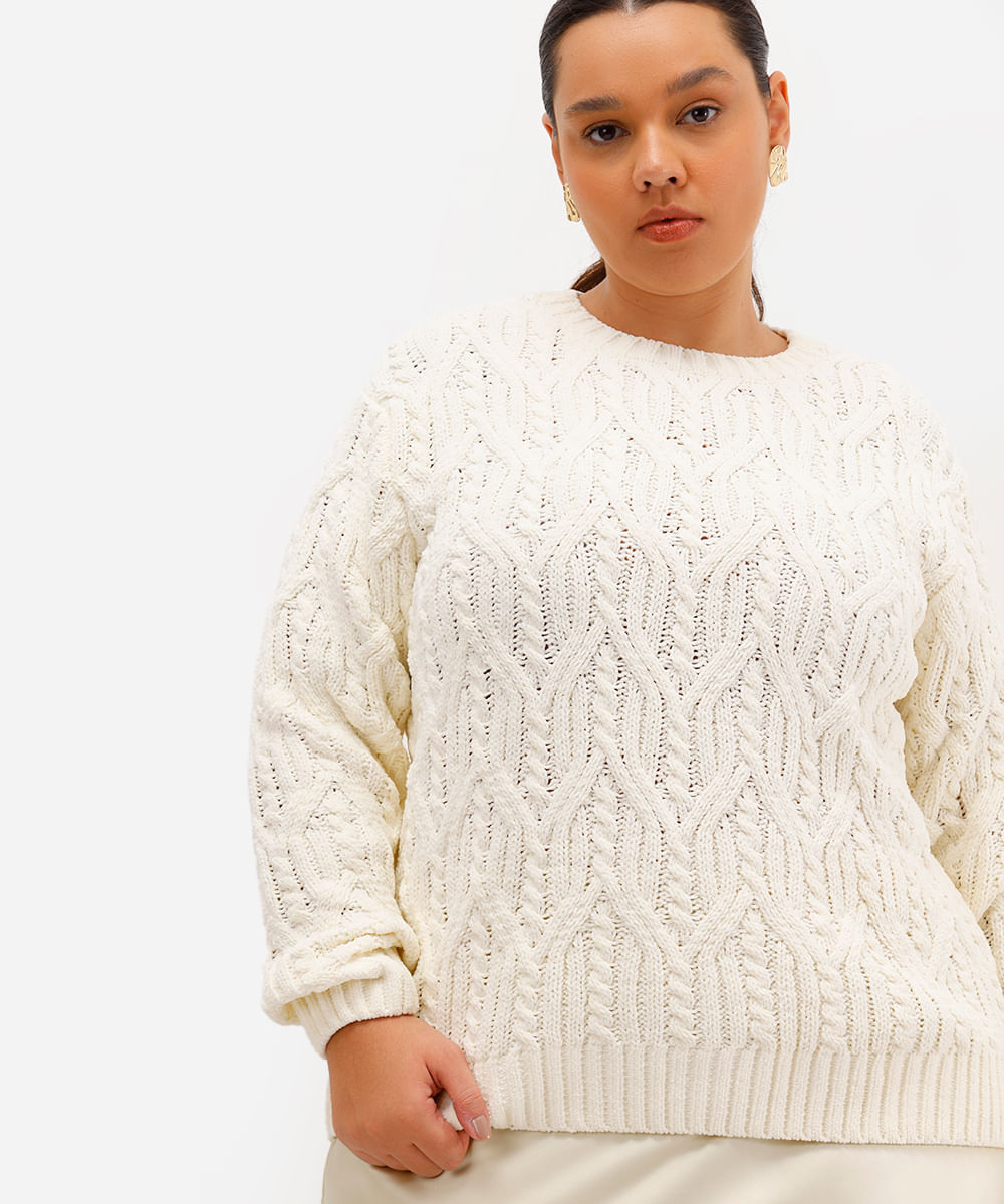 suéter feminino de tricot texturizado plus size off white