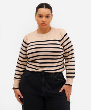 suéter de tricot manga bufante listrada plus size bege