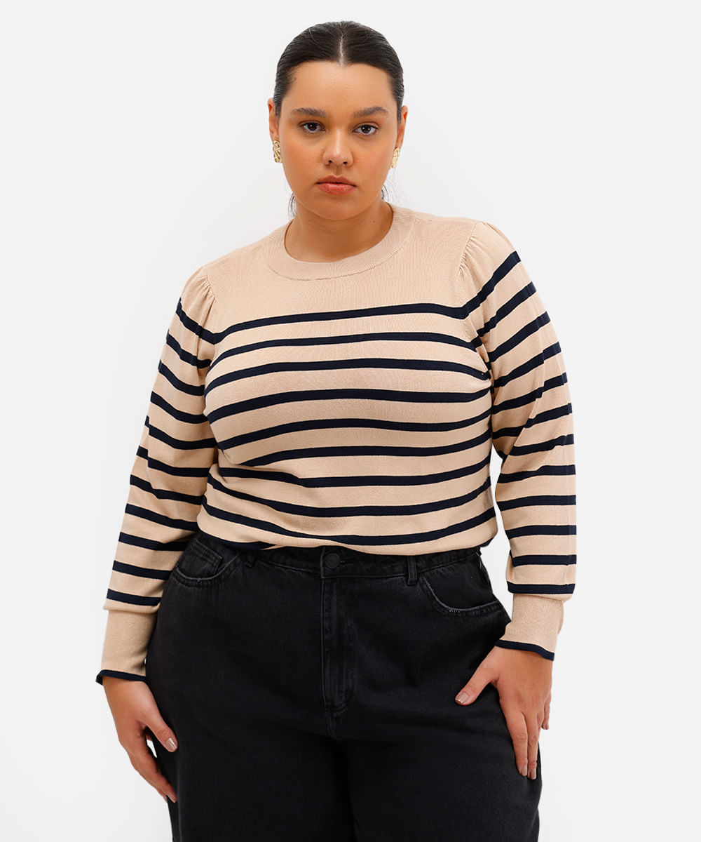 suéter de tricot manga bufante listrada plus size bege