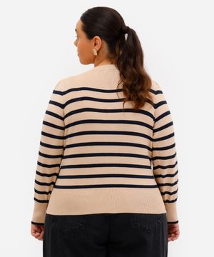 suéter de tricot manga bufante listrada plus size bege