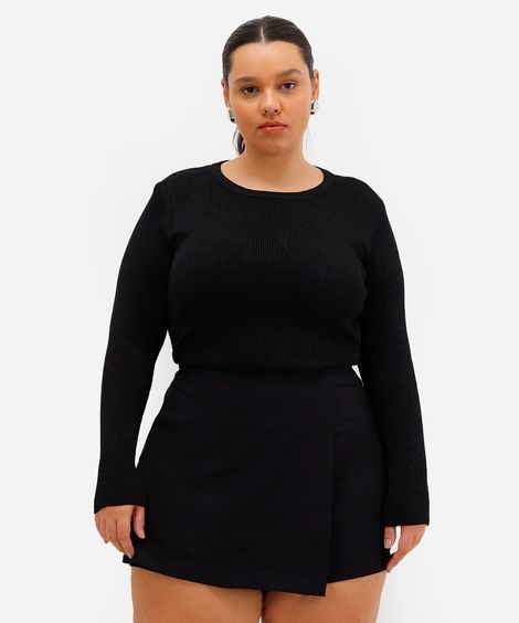 suéter feminino de tricot com lurex canelado plus size preto