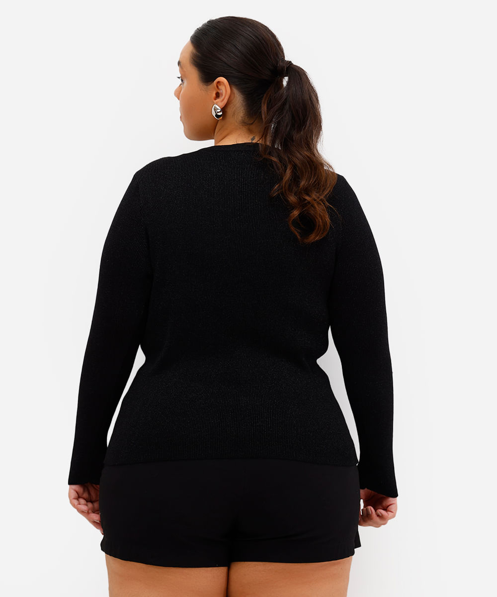 suéter feminino de tricot com lurex canelado plus size preto