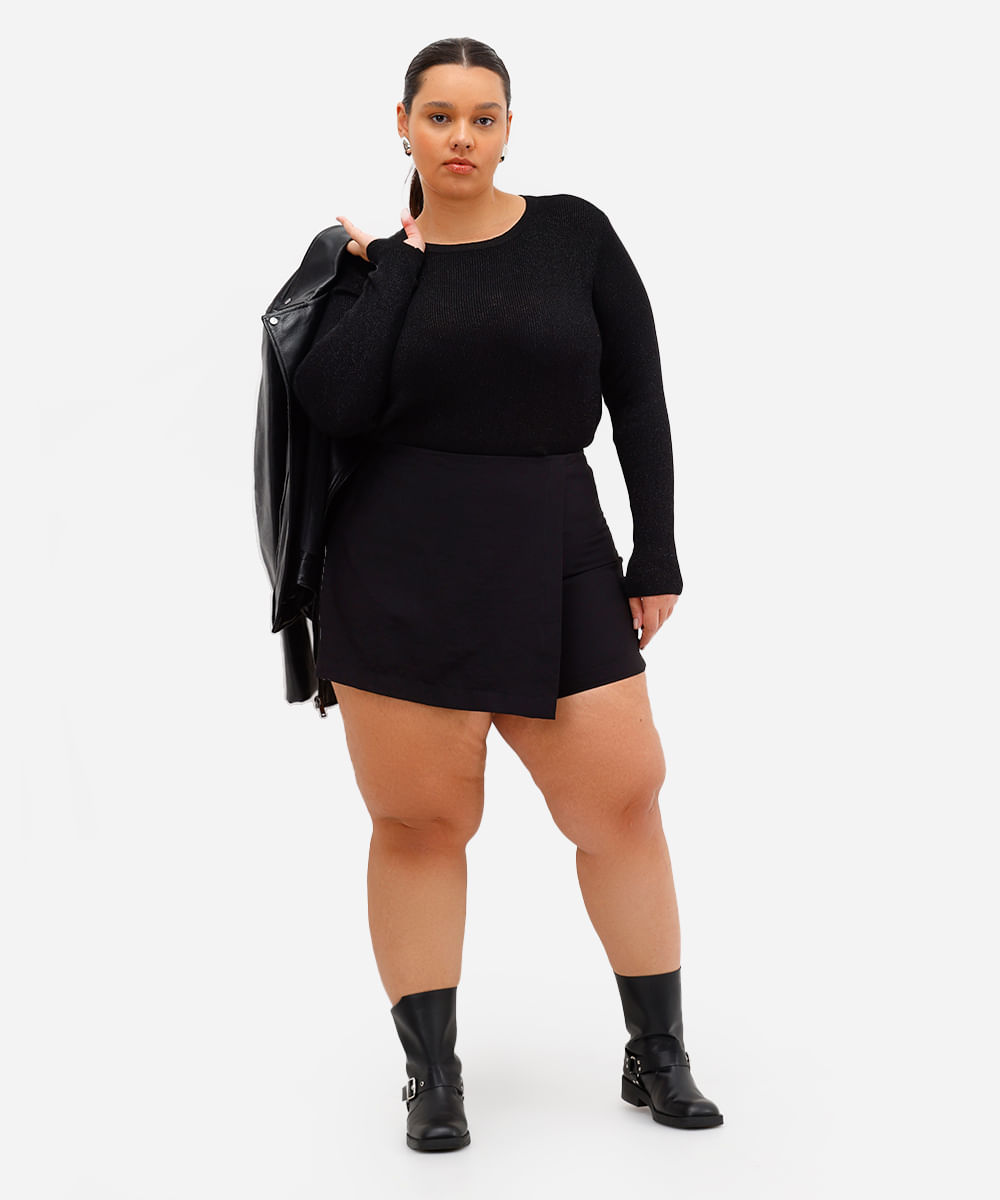 suéter feminino de tricot com lurex canelado plus size preto