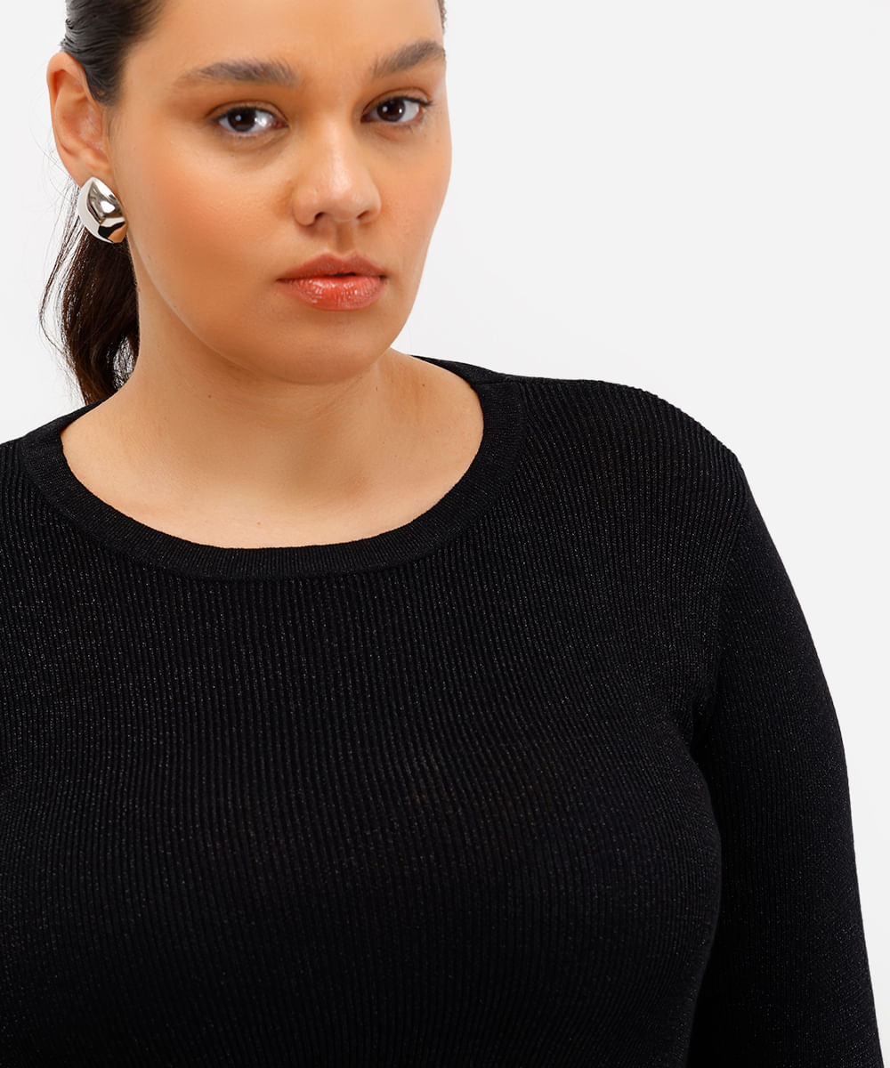 suéter feminino de tricot com lurex canelado plus size preto