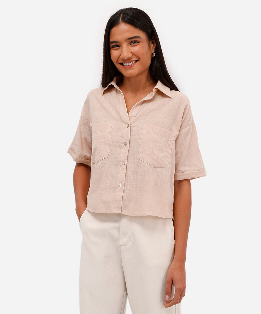 camisa feminina de algodão manga curta bege