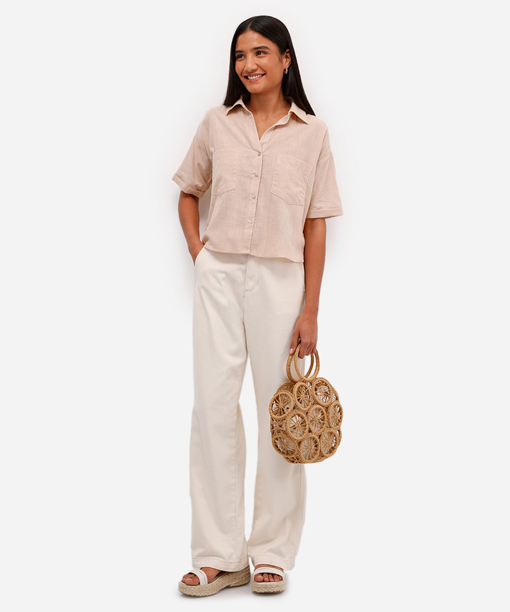 camisa feminina de algodão manga curta bege