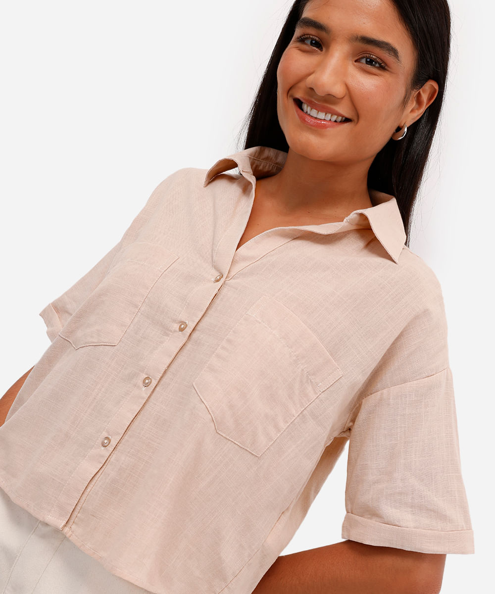 camisa feminina de algodão manga curta bege