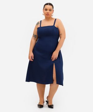 vestido feminino com linho e fenda plus size azul