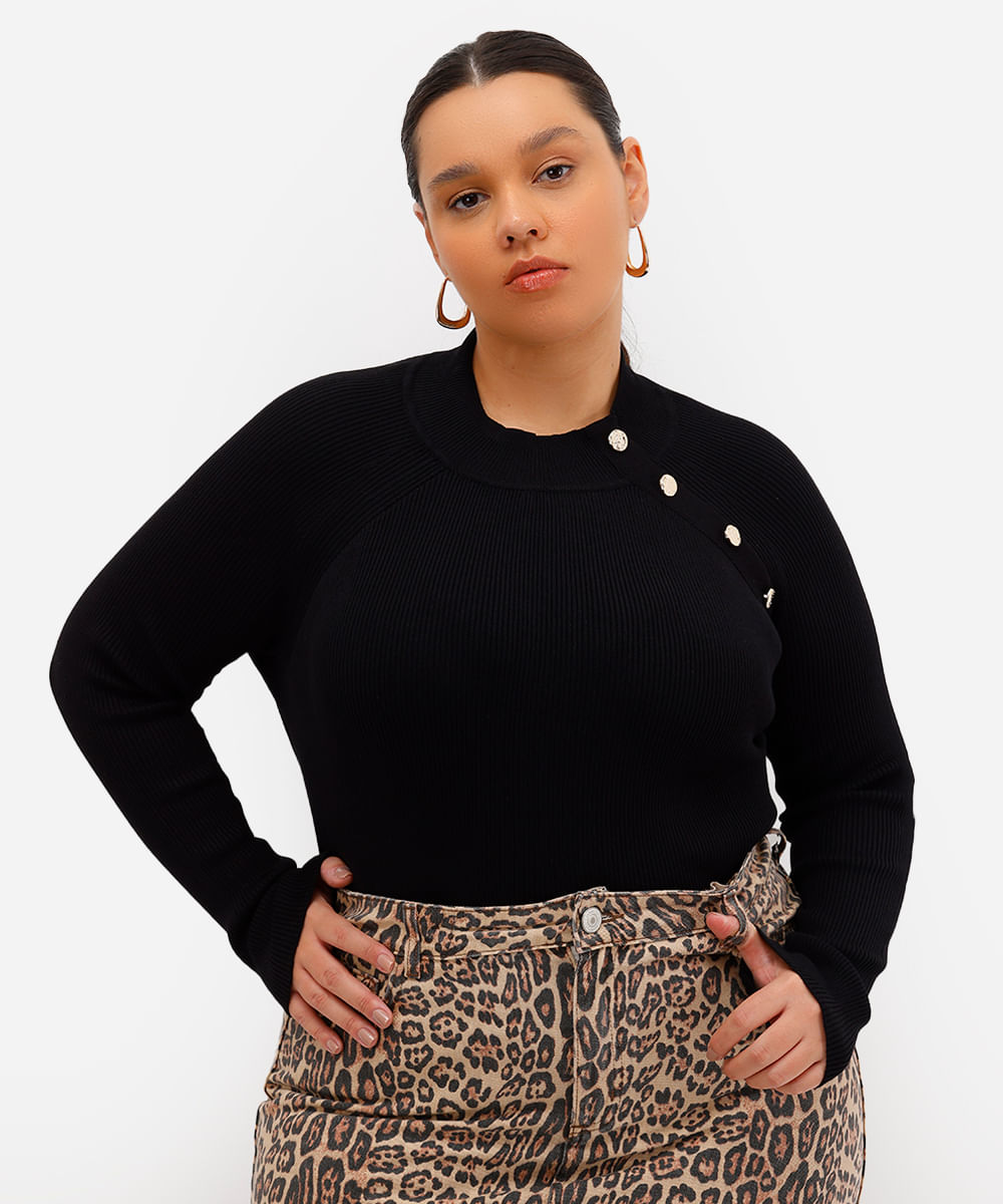 suéter feminino de tricot canelado com botões plus size preto