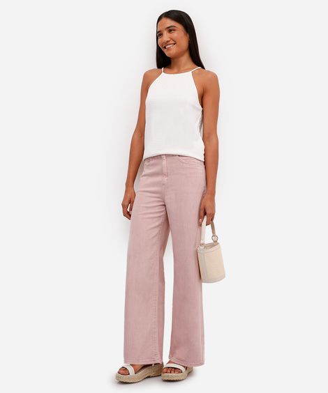 calça wide leg feminina de sarja cintura alta rosa