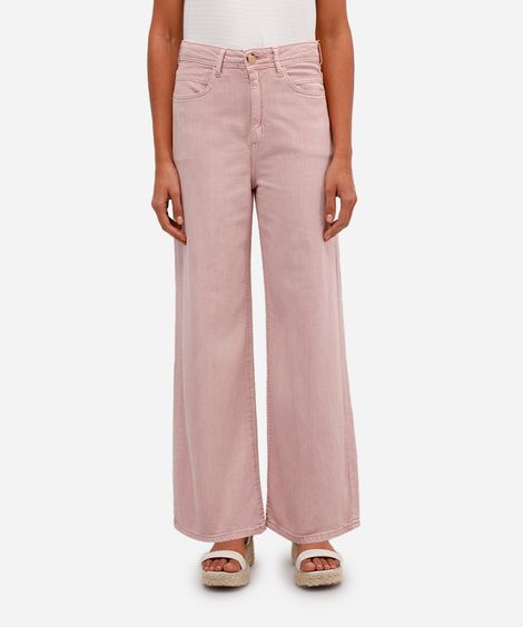 calça wide leg feminina de sarja cintura alta rosa