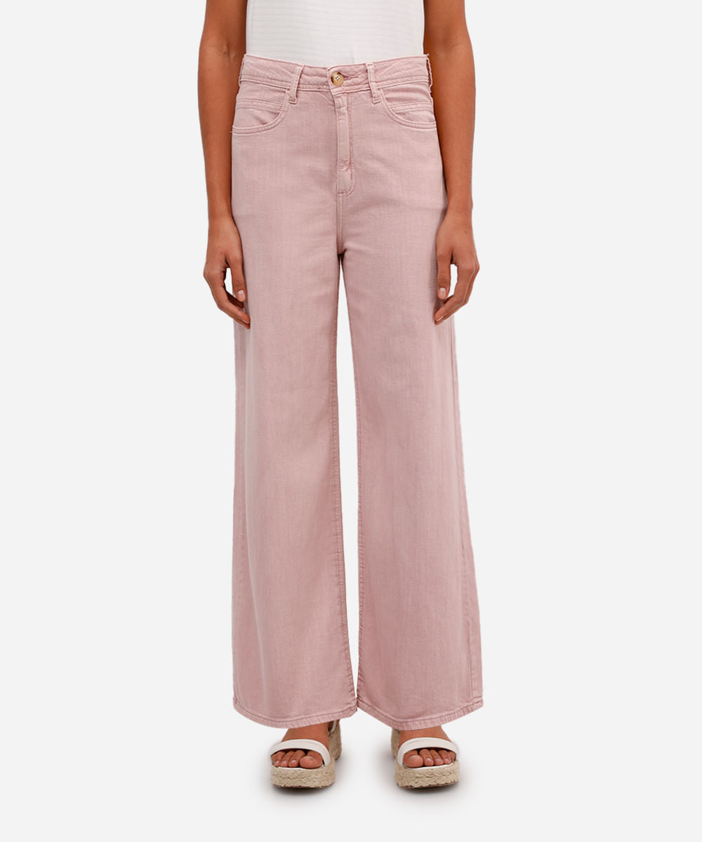 calça wide leg feminina de sarja cintura alta rosa