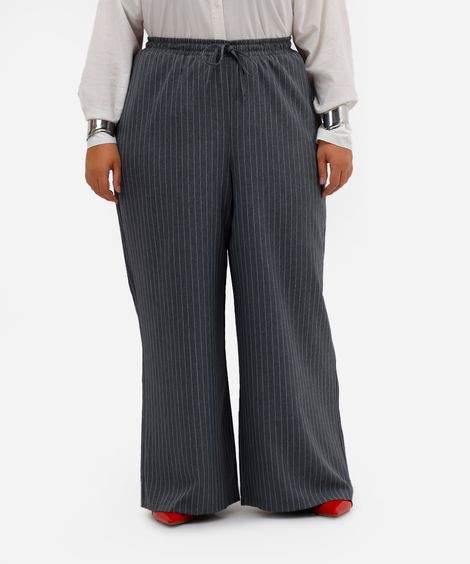 calça reta feminina risca de giz cós elástico plus size cinza