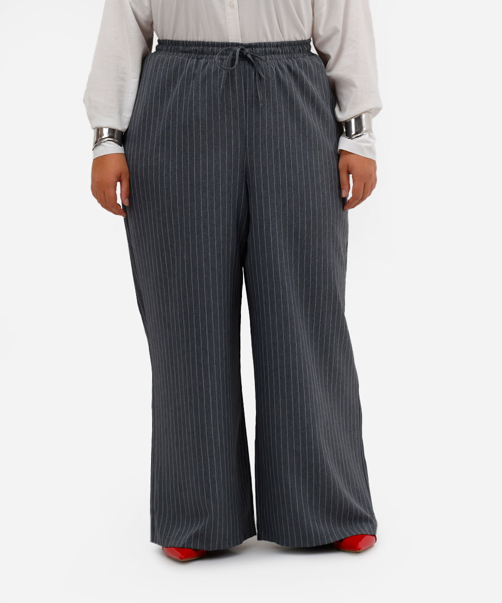 calça reta feminina risca de giz cós elástico plus size cinza