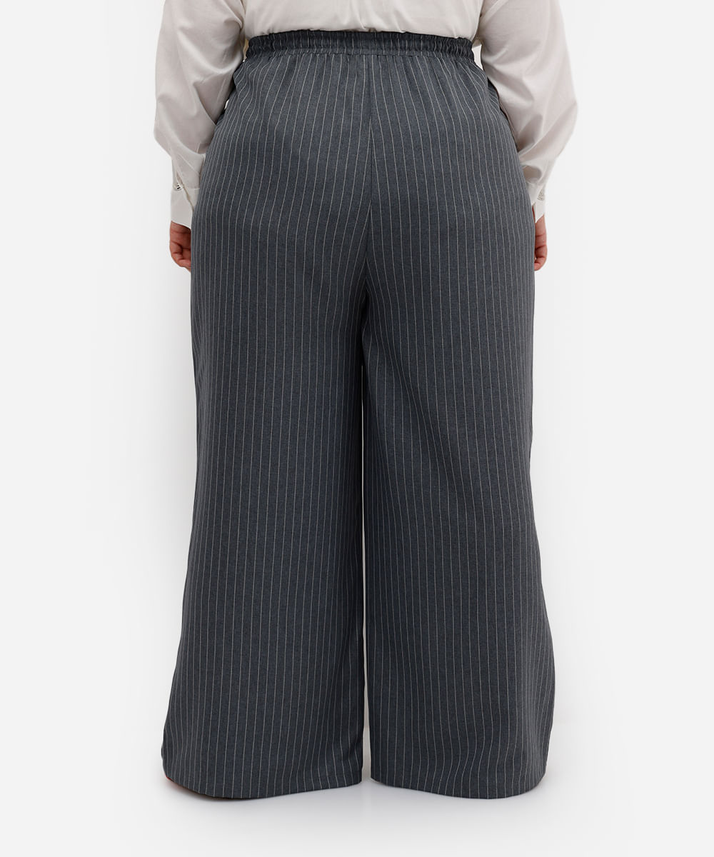 calça reta feminina risca de giz cós elástico plus size cinza