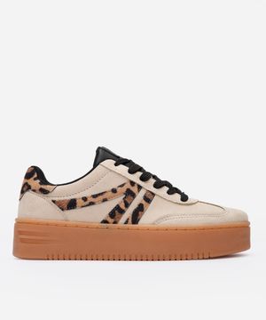 tênis plataforma casual com recortes animal print ace bege