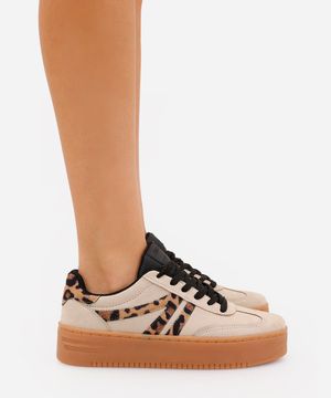 tênis plataforma casual com recortes animal print ace bege