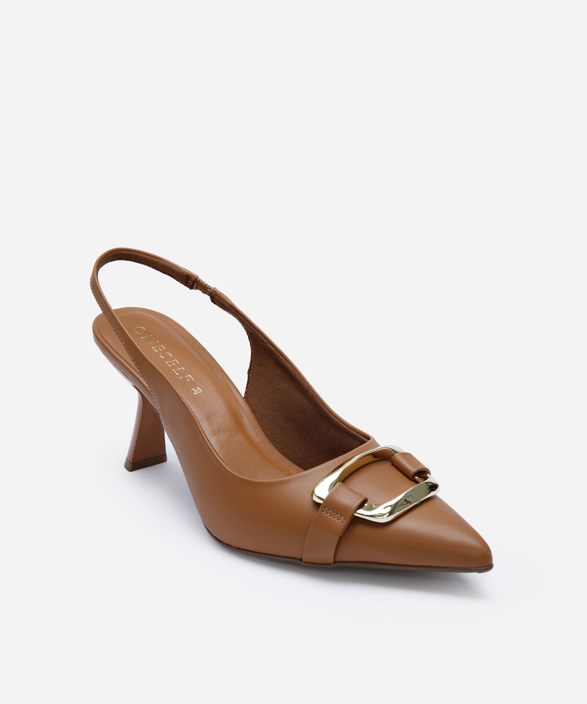 scarpin bico fino feminino com fivela oneself marrom