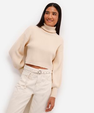 suéter de tricot canelado cropped gola alta - bege