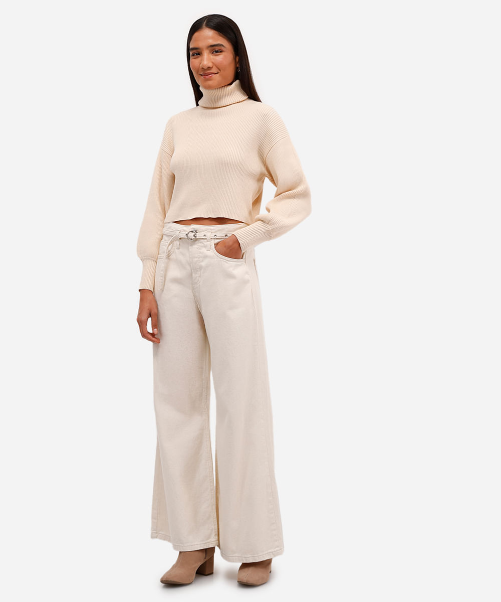 suéter de tricot canelado cropped gola alta - bege