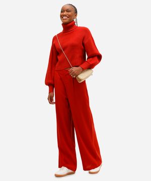 calça wide leg feminina com linho laranja