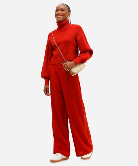calça wide leg com linho - terracota