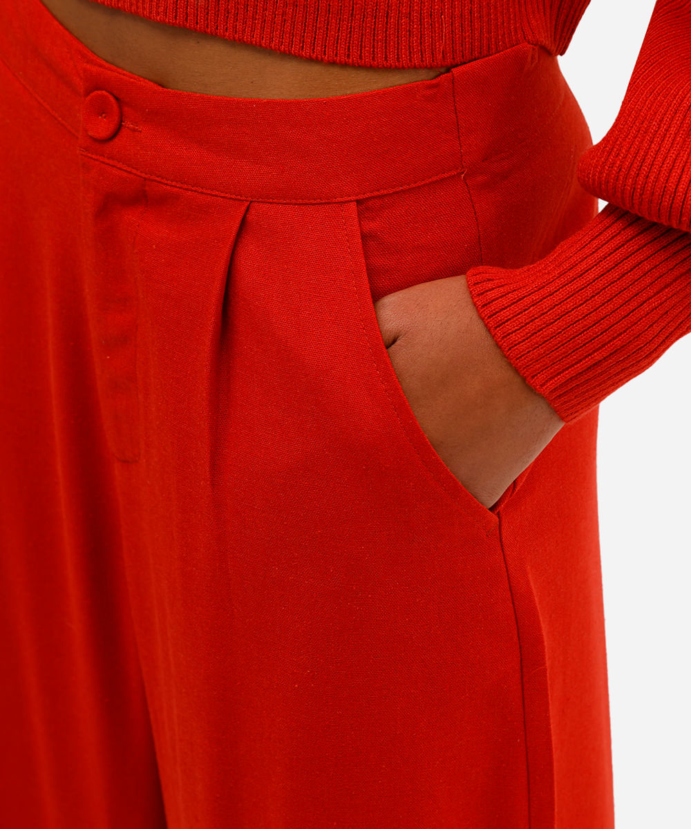 calça wide leg com linho - terracota