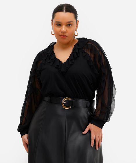 body feminino de tule manga longa com babados plus size preto