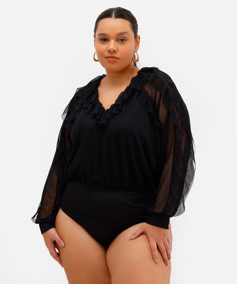 body feminino de tule manga longa com babados plus size preto