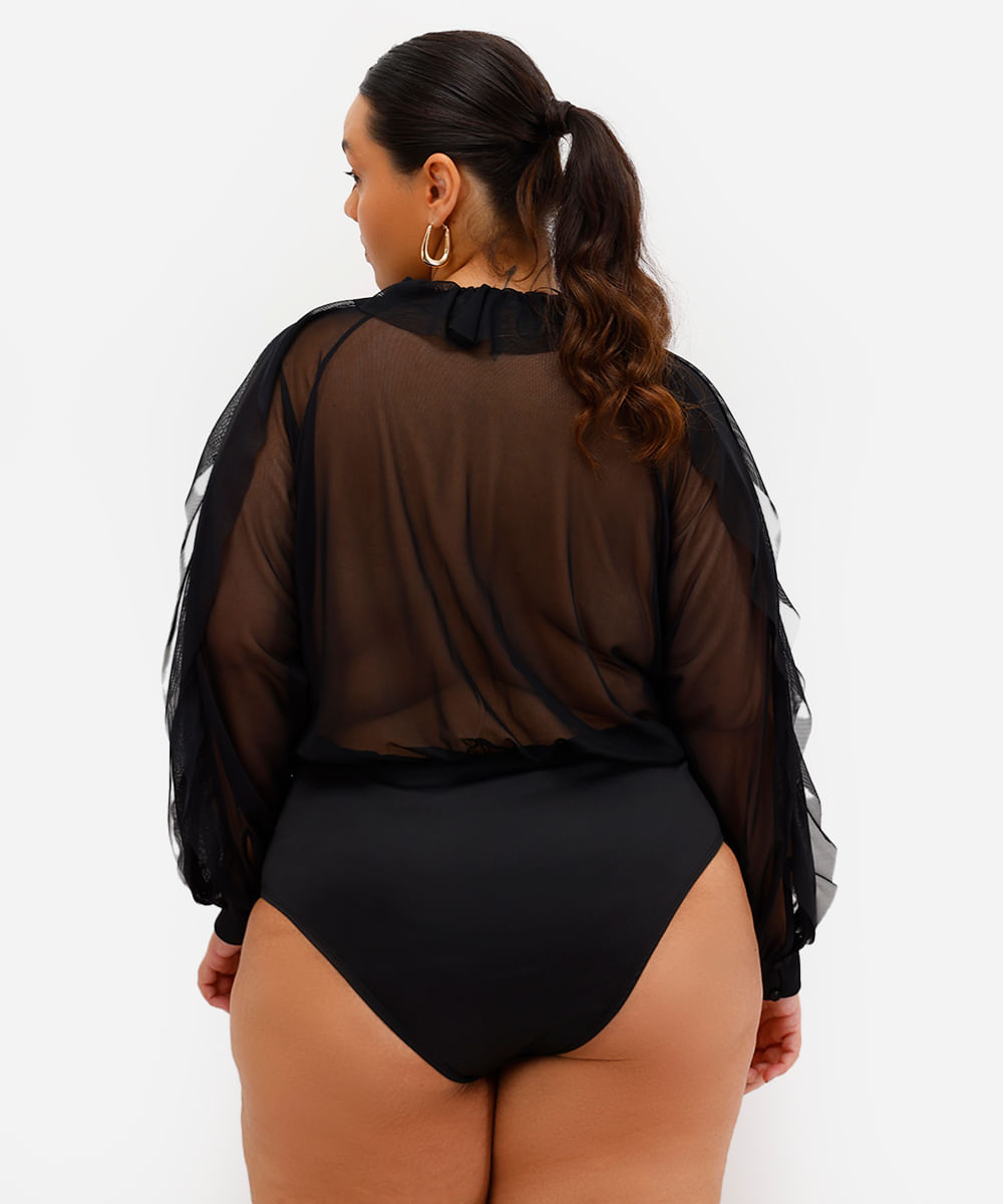 body feminino de tule manga longa com babados plus size preto