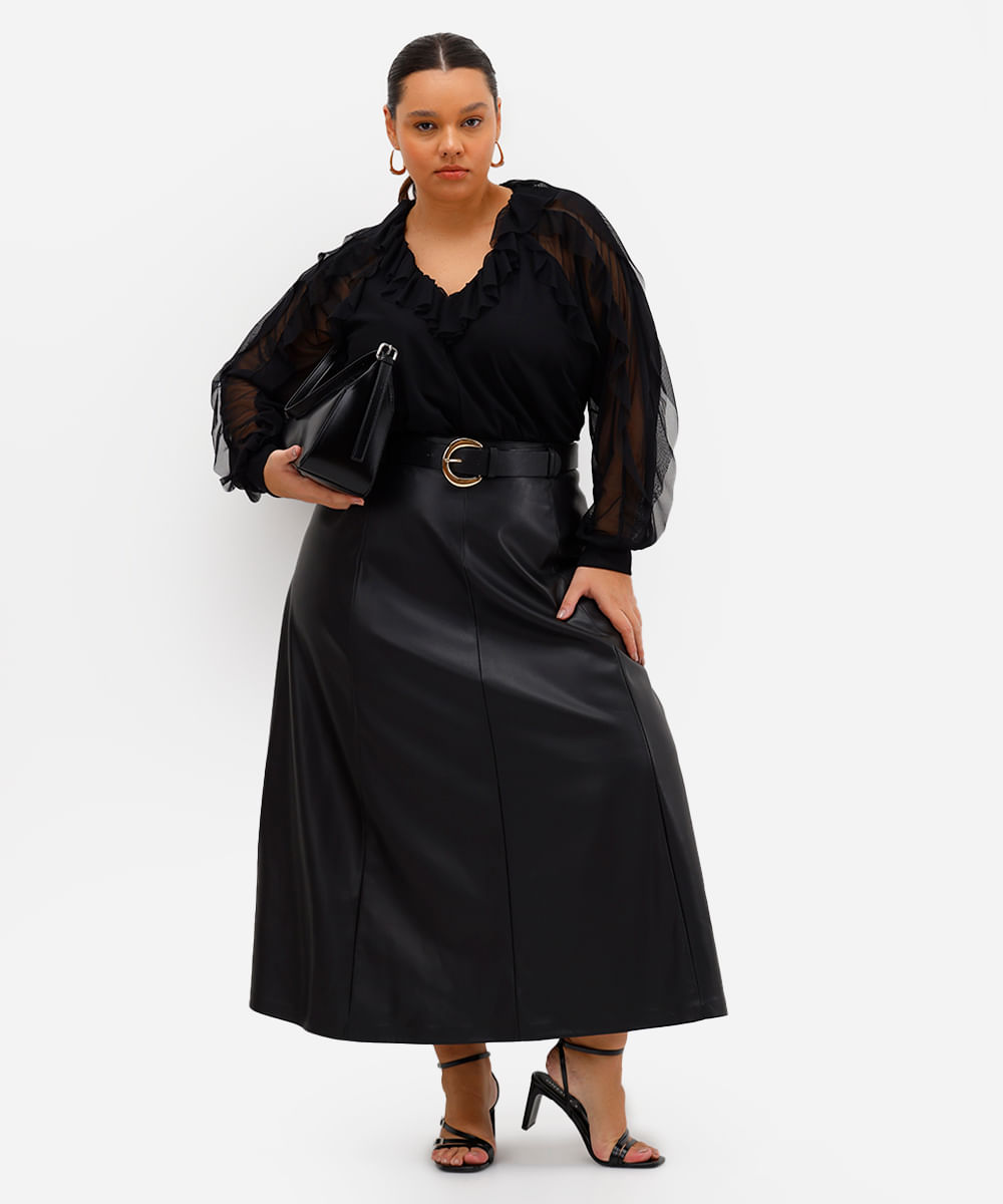 body feminino de tule manga longa com babados plus size preto