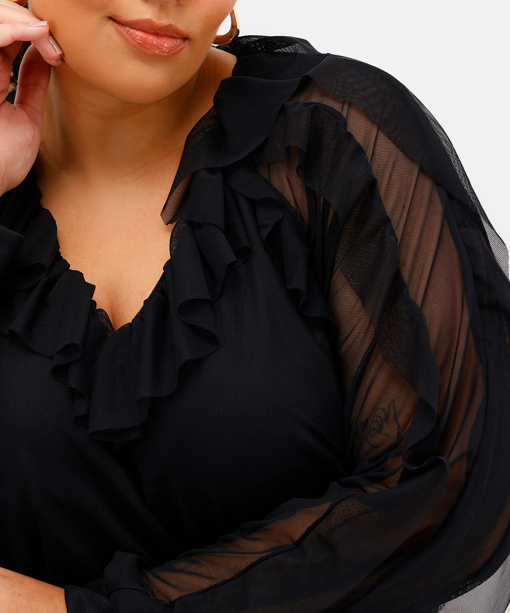 body feminino de tule manga longa com babados plus size preto