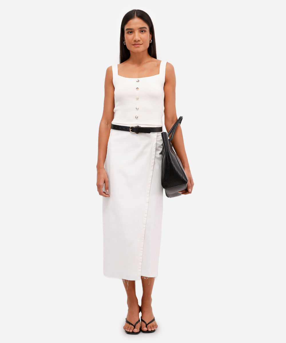regata feminina de tricot com botões decote quadrado off white