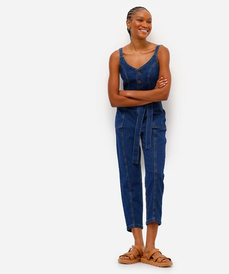 macacão feminino jeans com amarração azul