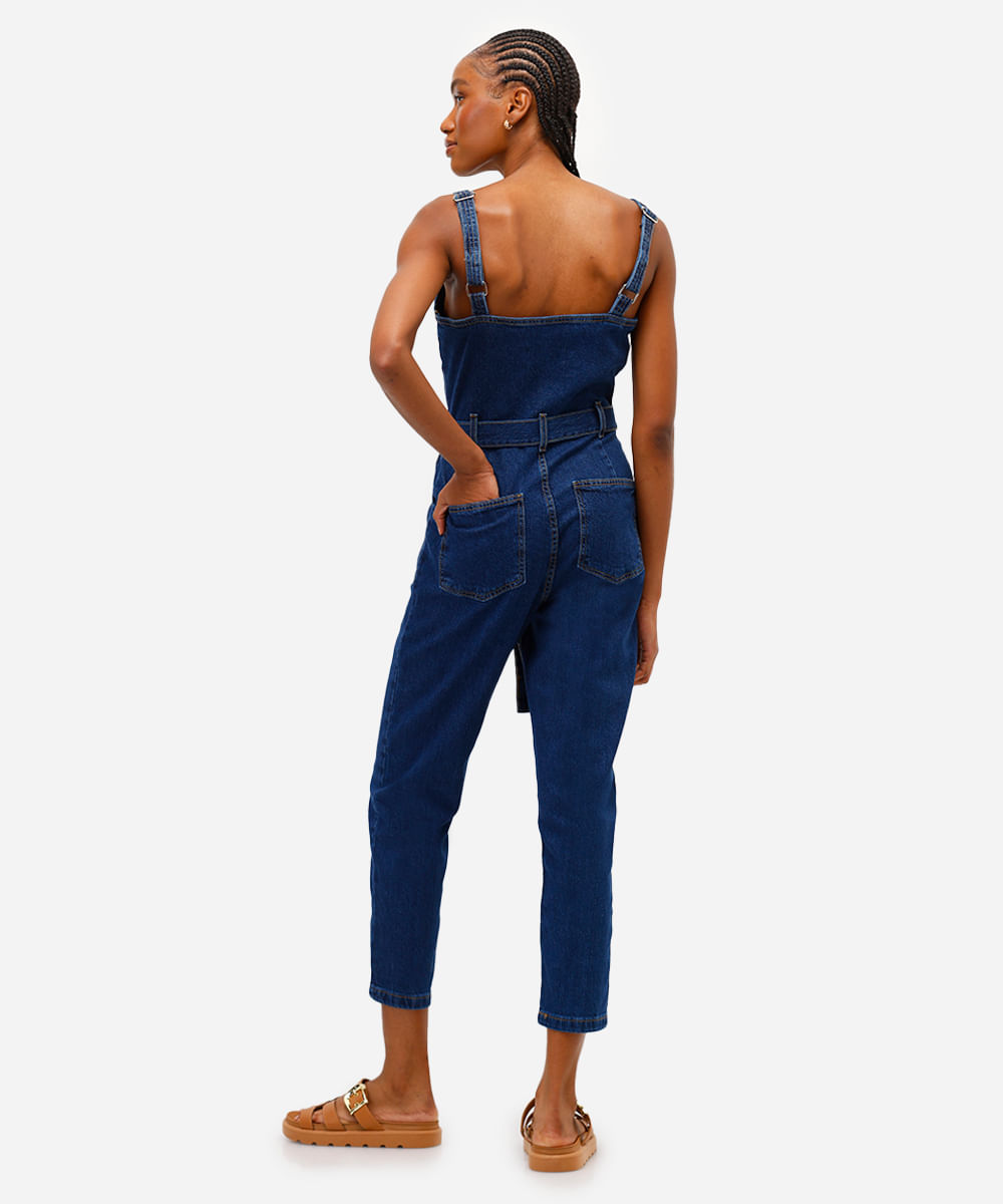 macacão feminino jeans com amarração azul