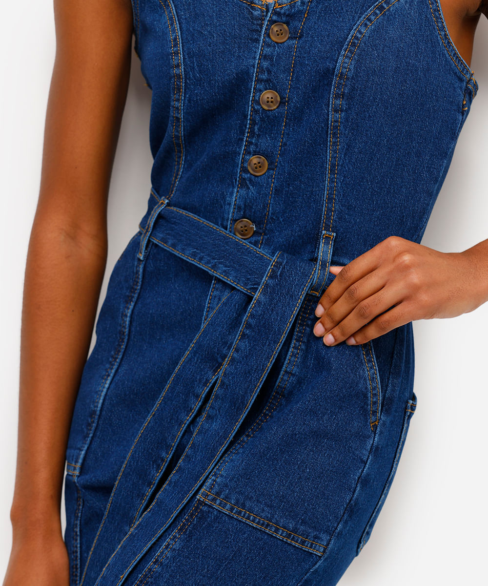 macacão feminino jeans com amarração azul