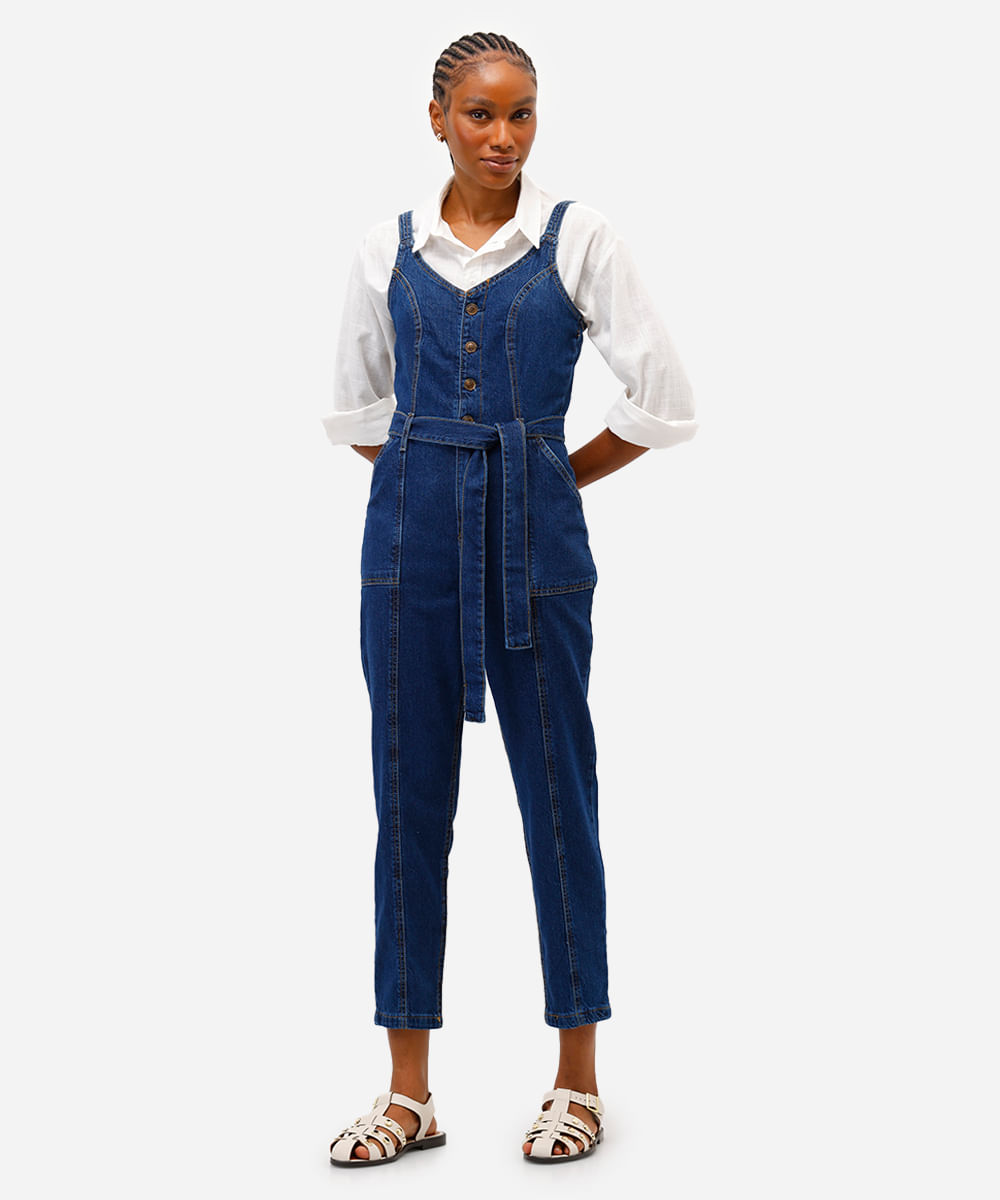 macacão feminino jeans com amarração azul