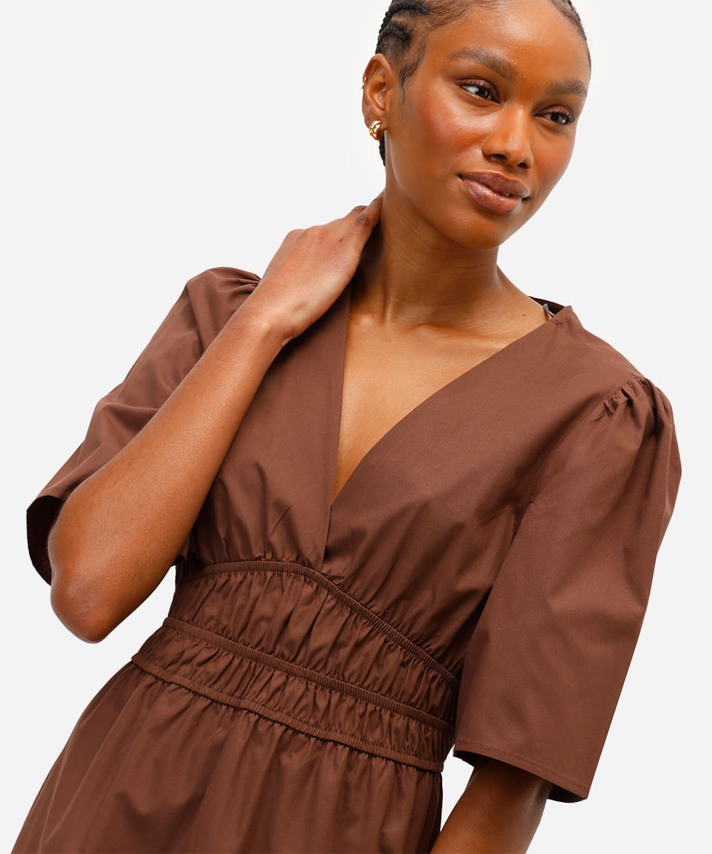 vestido midi feminino de algodão decote v marrom