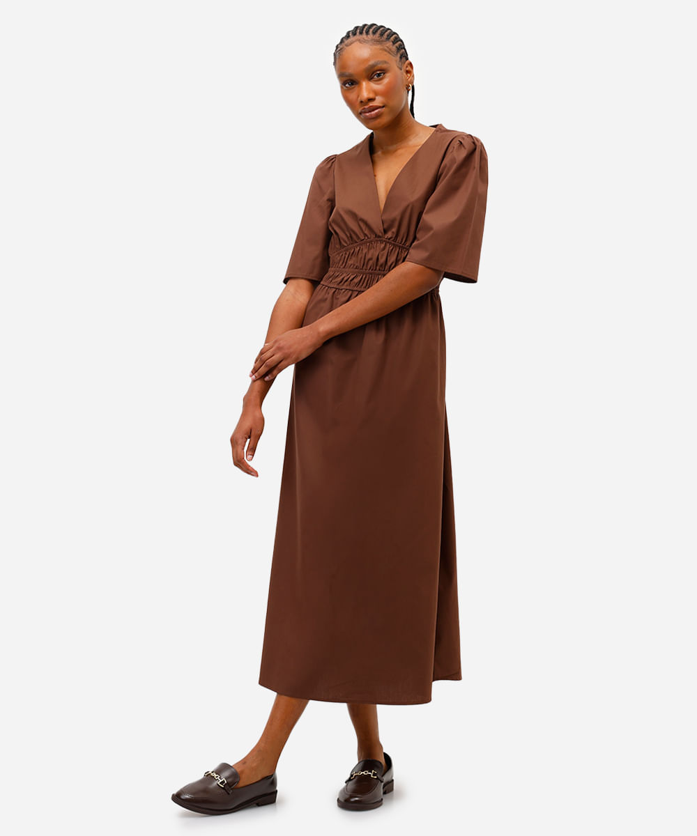 vestido midi feminino de algodão decote v marrom