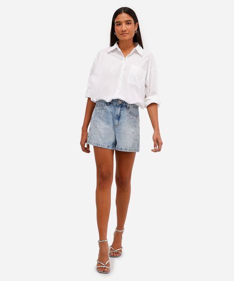 short mom feminino jeans com brilhos azul